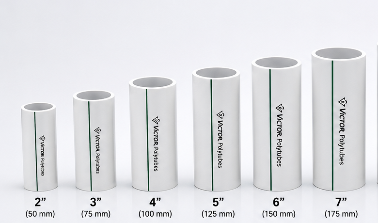 Victor Polytubes PVC pipes available in sizes from 2 inch to 12 inch